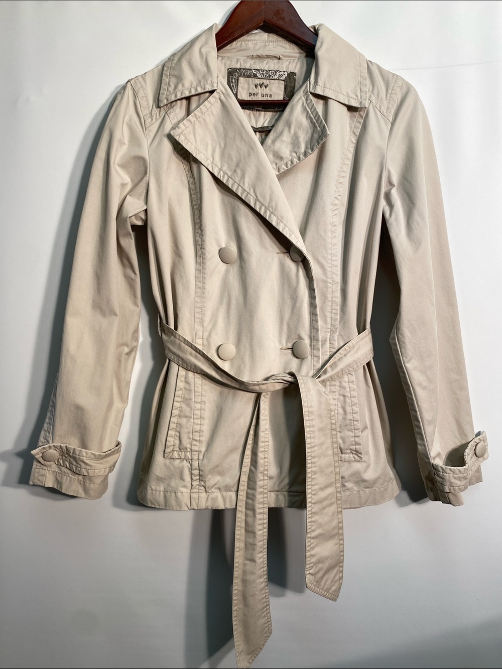 per una Cream Double-Breasted Belted Trench Coat